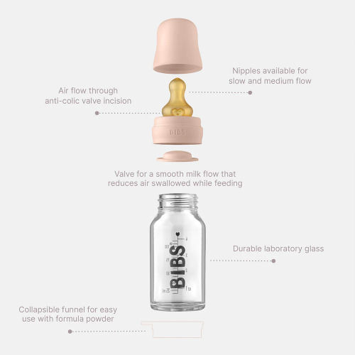 Bibs Glass Baby Bottle with Rubber Teat for 0+ Months Dusky Lilac 110ml