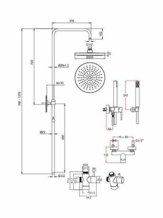 Eurorama Tonda Adjustable Shower Column with Bathtub Mixer 83-144cm Black