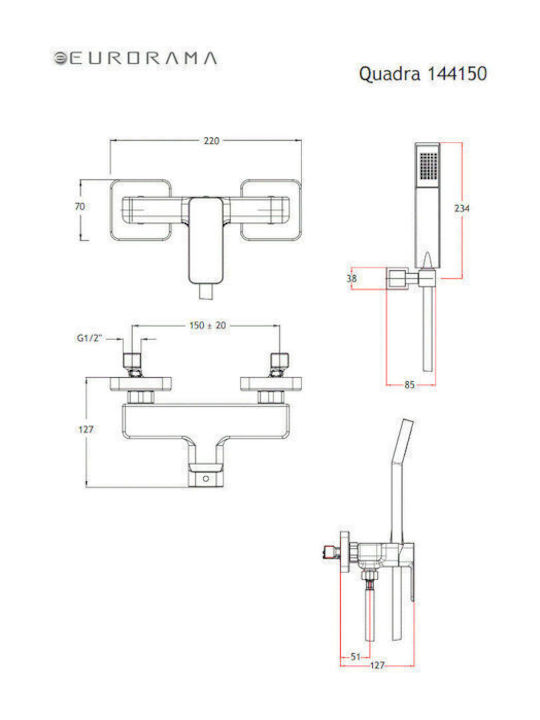 Eurorama Quadra Mixing Shower Shower Faucet Complete Set Silver