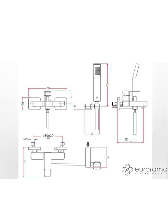 Eurorama Quadra Mixing Bathtub Shower Faucet Complete Set Silver