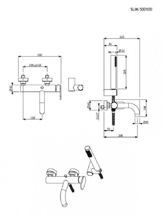 Armando Vicario Slim Mixing Bathtub Shower Faucet Complete Set Inox Silver