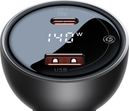 Baseus Φορτιστής Αυτοκινήτου 140W 5A Γρήγορης Φόρτισης με Θύρες: 1xUSB 1xType-C και Βολτόμετρο Μαύρο Χρώμα