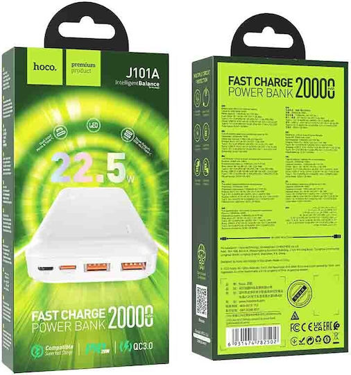 Hoco J101A Astute Baterie Externă 20000mAh 20W cu 2 Porturi de Ieșire USB-A și Port de Ieșire USB-C Power Delivery Albă