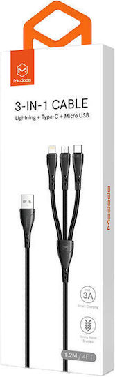 Mcdodo CA-6960 Braided USB to Lightning / Type-C / micro USB Cable Μαύρο 1.2m
