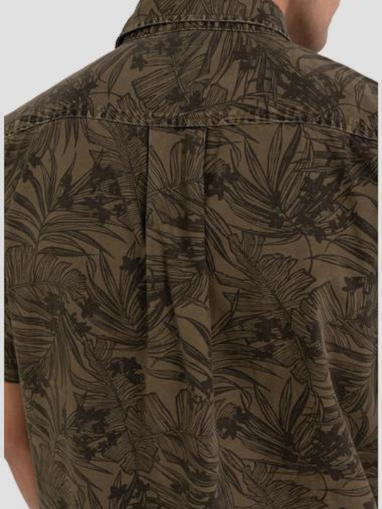 Tropical Short-sleeved Cotton Shirt Floral Khaki