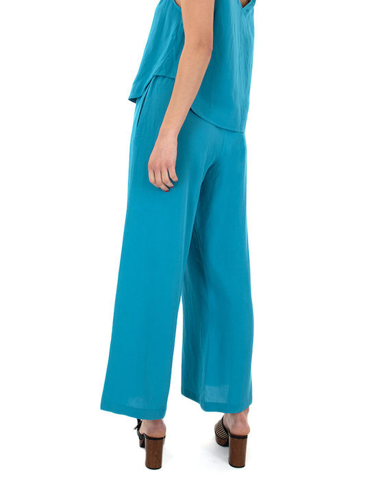 Moutaki Women's High Waist Linen Trousers Blue