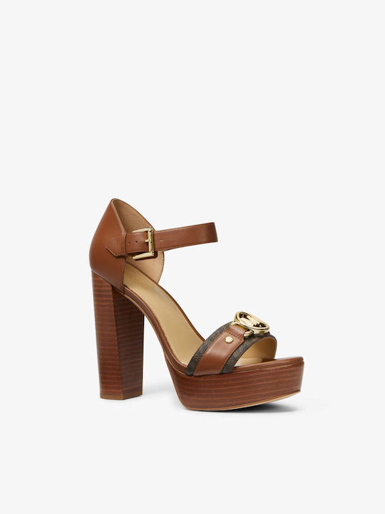 Michael Kors Leather Women's Sandals with Chunky High Heel In Tabac Brown Colour