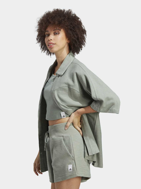 Lounge Terry Loop Kurzärmelig Damen Hemd Silver Green Monochrom