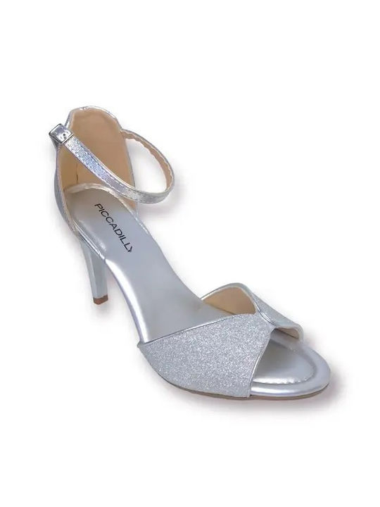 Piccadilly Leder Damen Sandalen Anatomisch mit Dünn hohem Absatz in Silber Farbe