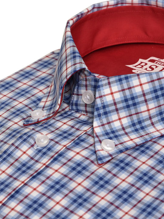 Red Plaid Comfort Fit Button-Down Shirt by B.S Bags, Cotton All Day Casual