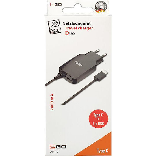 2GO Φορτιστής με Ενσωματωμένο Καλώδιο με Θύρα USB-A Lightning Μαύρος (797167)
