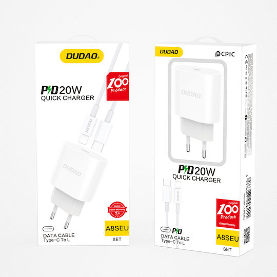 Dudao Φορτιστής με Θύρα USB-C και Καλώδιο USB-C - Lightning 20W Power Delivery Λευκός (A8SEU)
