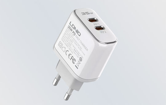 Ldnio Ladegerät mit 2 USB-C Anschlüsse und Kabel USB-C - Lightning 35W Stromlieferung Weißs (A2528M)