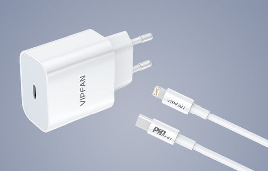 Vipfan Încărcător cu Port USB-C și Cablu USB-C - Lightning 20W Quick Charge 3.0 Albς (E04 Cable White)