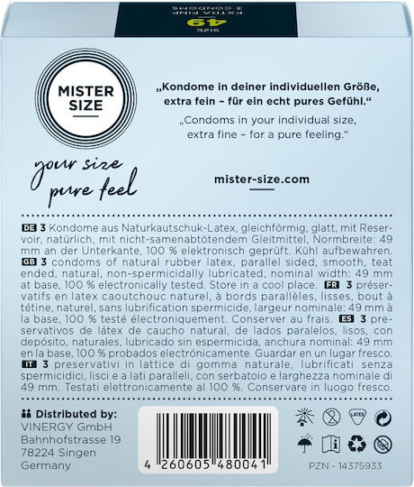Mister Size Προφυλακτικά Extra Fine Size 49mm 3τμχ 49mm Λεπτά για Φυσική Αίσθηση Natural Vegan