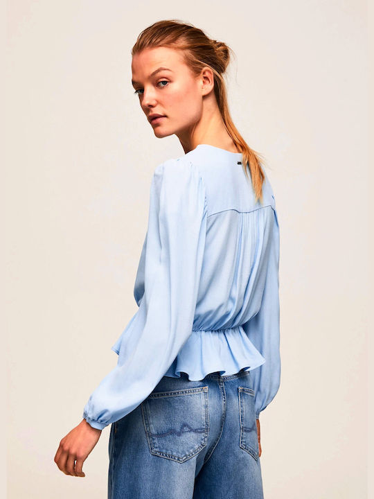 Pepe Jeans Damen Bluse Langärmelig mit V-Ausschnitt Hellblau