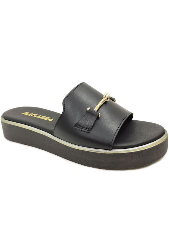 Ragazza Leather Women's Flat Sandals Anatomic Flatforms in Black Color