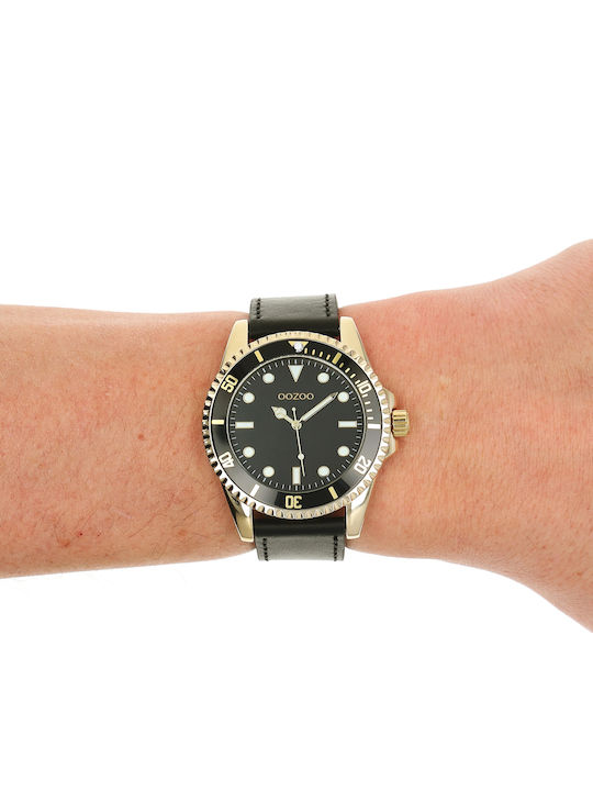 Oozoo Timepieces Ανδρικό Ρολόι 44mm Χρονογράφος Μπαταρίας με Μαύρο Δερμάτινο Λουράκι