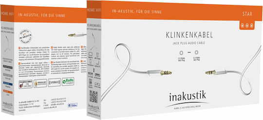 Inakustik Inakustik 3.5mm Jack Cable - 3.5mm Male to 3.5mm Male White Length 3m with Gold Plated Terminals