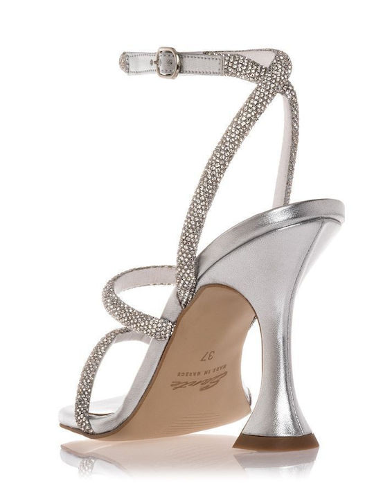 Synthetic Leather Women's Sandals with Strass & Ankle Strap Silver with Thin High Heel