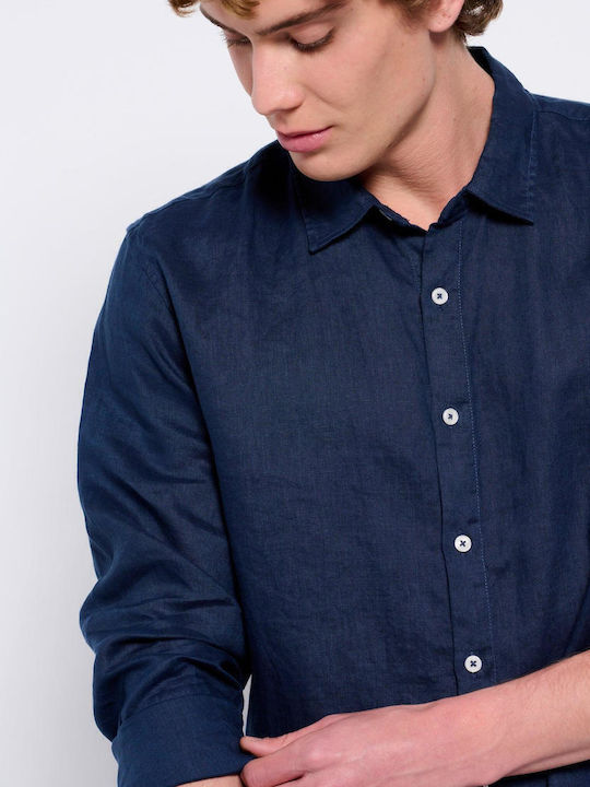 FBM007-00105 Long-sleeved Linen Shirt Navy Blue