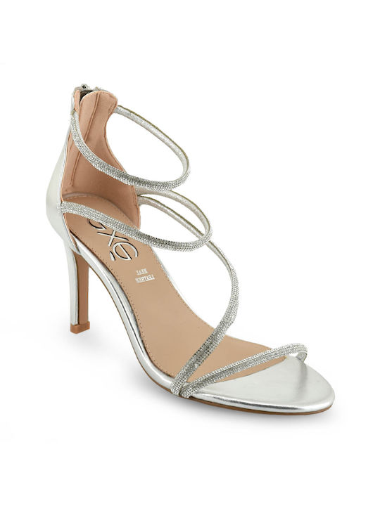 Exe Women's Sandals with Strass & Ankle Strap Silver with Chunky High Heel