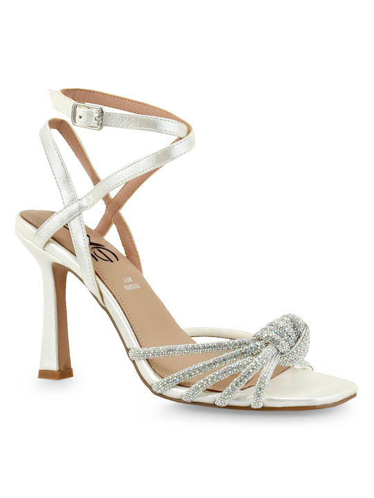 Exe Women's Sandals with Strass & Ankle Strap White with Chunky High Heel