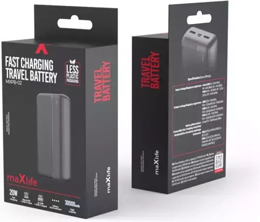 Maxlife MXPB-02 Power Bank 30000mAh 20W με 2 Θύρες USB-A και Θύρα USB-C Power Delivery Μαύρο