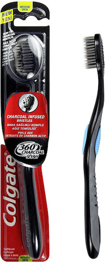 Colgate 360 Black with Charcoal Manual Toothbrush Medium Black-Blue 1pcs