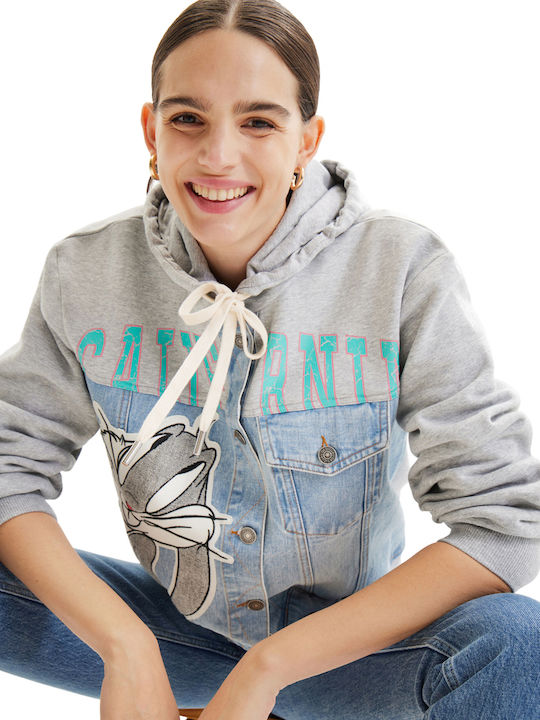 Bunny Trucker Women's Jean Jacket for Spring or Autumn with Hood Gray