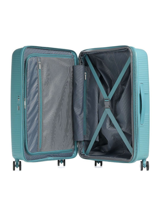 American Tourister Soundbox Spinner Expandable Large Hard Turquoise Suitcase With 4 Wheels Height 77cm