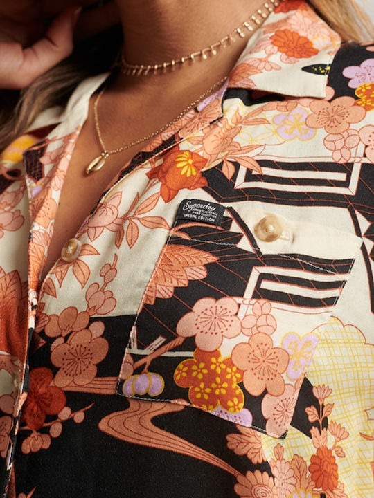 Ovin Vintage Beach Resort Women's Floral Short Sleeve Shirt
