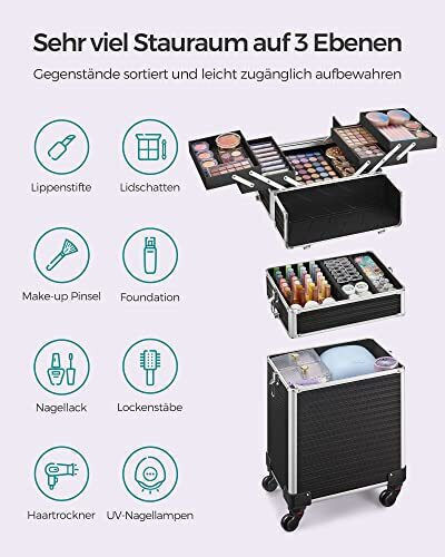 Songmics Metallic Cosmetic Case Wheeled Black H72.5xW35.7xD27cm