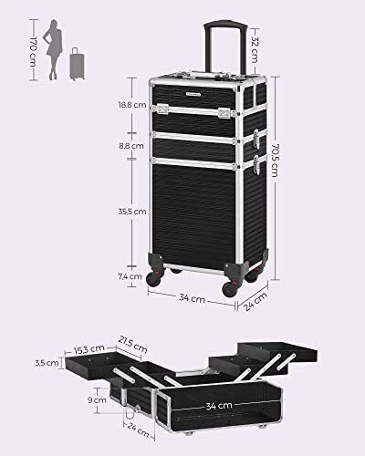 Songmics Metallic Cosmetic Case Wheeled Black H72.5xW35.7xD27cm