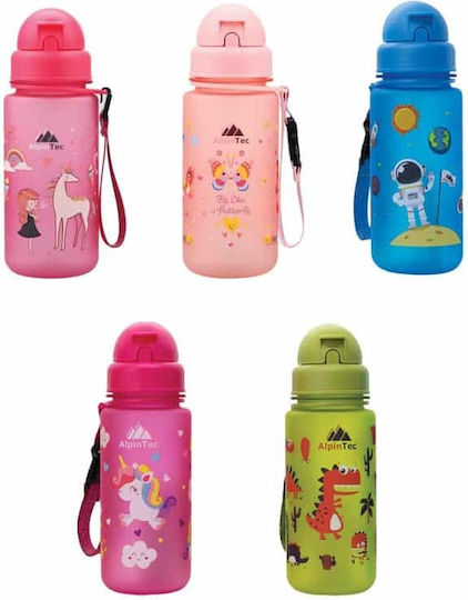 AlpinPro Kids Water Bottle Dinosaur Plastic with Straw Non Spill Green 400ml Dino