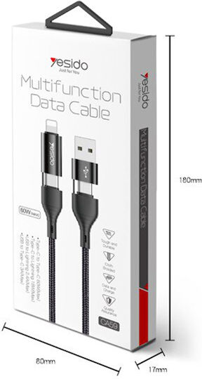 Yesido CA-59 Плетена USB към Lightning / Type-C Кабел 3Спецификация Черен 1.2м