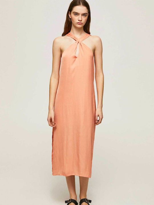 Pepe Jeans Casey Summer Midi Evening Dress with Slit Orange