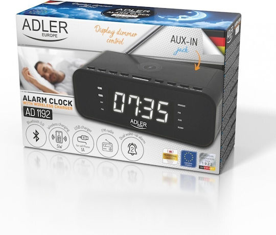 Adler AD 1192B Επιτραπέζιο Ψηφιακό Ρολόι LED Πλαστικό με Ξυπνητήρι, Ραδιόφωνο & Ασύρματη Φόρτιση Μαύρο AD 1192b