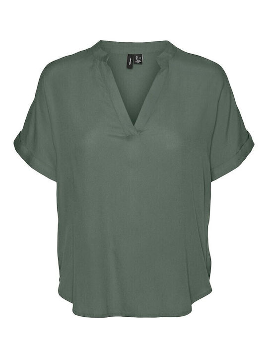 Women's Summer Blouse Short Sleeve with V Neckline Olive