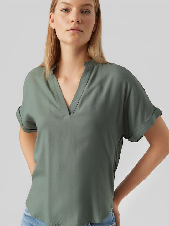Women's Summer Blouse Short Sleeve with V Neckline Olive