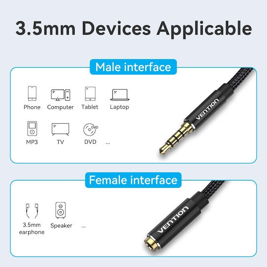 Vention 3.5mm Jack Cable TRRS 3.5mm Male - 3.5mm Female Black 0.5m with Gold Plated Terminals BHCBD