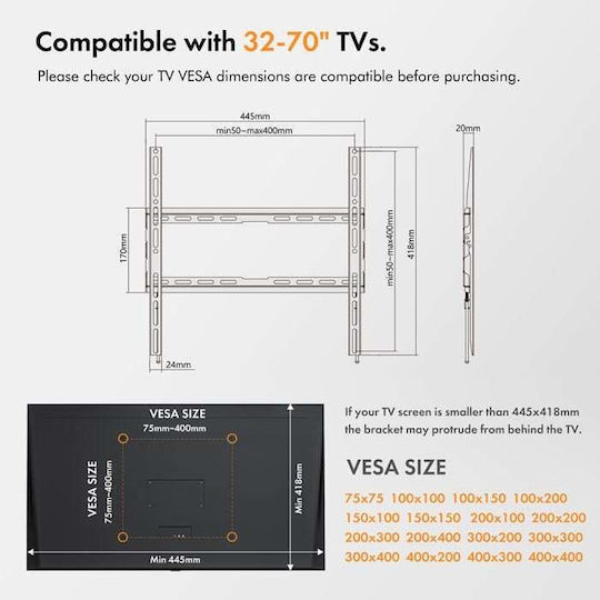 VonHaus Ultra Slim TV Mount Телевизионна стойка за стена до 65" и 75кг