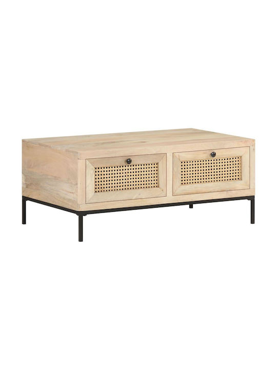 Rectangular Central Coffee Table Made of Solid Wood with Beige Drawers W90xD50xH37cm