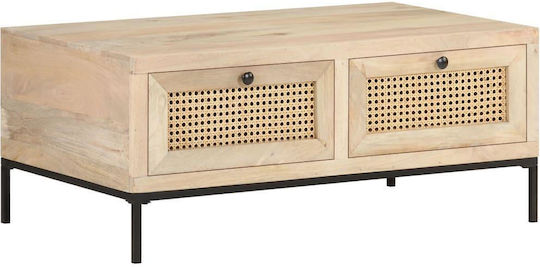 Rectangular Central Coffee Table Made of Solid Wood with Beige Drawers W90xD50xH37cm