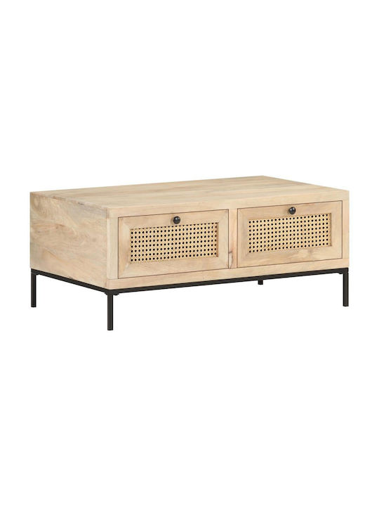 Rectangular Central Coffee Table Made of Solid Wood with Beige Drawers W90xD50xH37cm