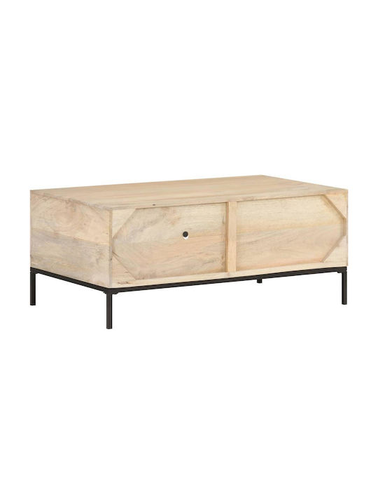Rectangular Central Coffee Table Made of Solid Wood with Beige Drawers W90xD50xH37cm