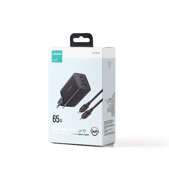 Joyroom Φορτιστής GaN με Θύρα USB-A και 2 Θύρες USB-C και Καλώδιο USB-C - USB-C 65W Power Delivery Μαύρος (TCG01)