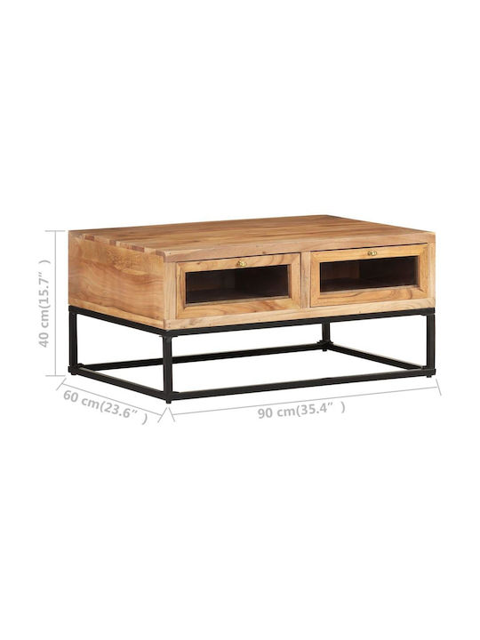 Central Rectangular Coffee Table from Solid Wood with Drawers Beige M90xW60xH40cm
