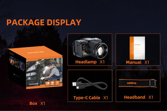 Superfire Rechargeable Headlamp LED IP43 with Maximum Brightness 700lm Black
