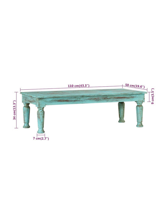 Rectangular Central Coffee Table Made of Solid Turquoise Wood W110xD50xH34cm
